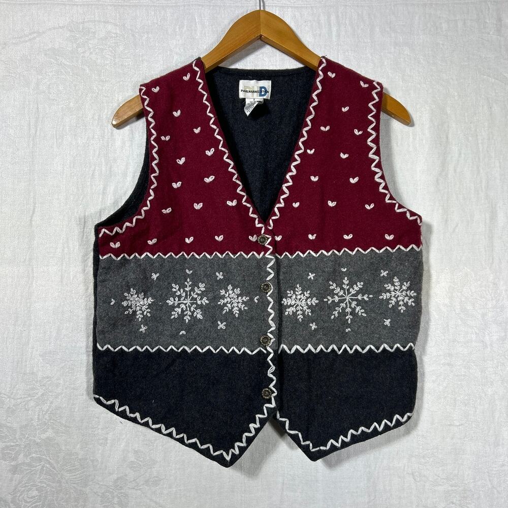 Vintage Sweater Vest Small Wool Blend Felt Gray Red Snowflakes Hearts PHD